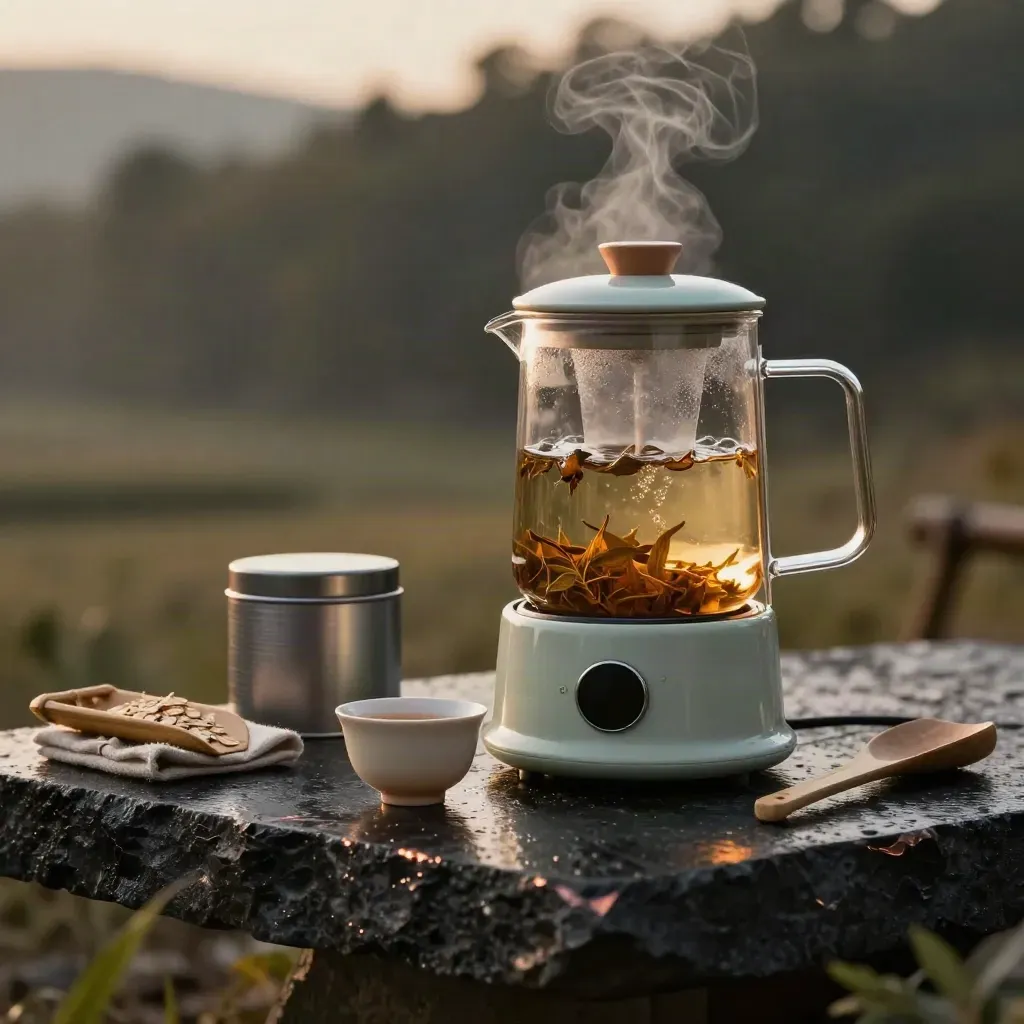 Glass travel tea steeper with cup, tin, scoop and pouch on wet stone in dramatic tea ad lighting