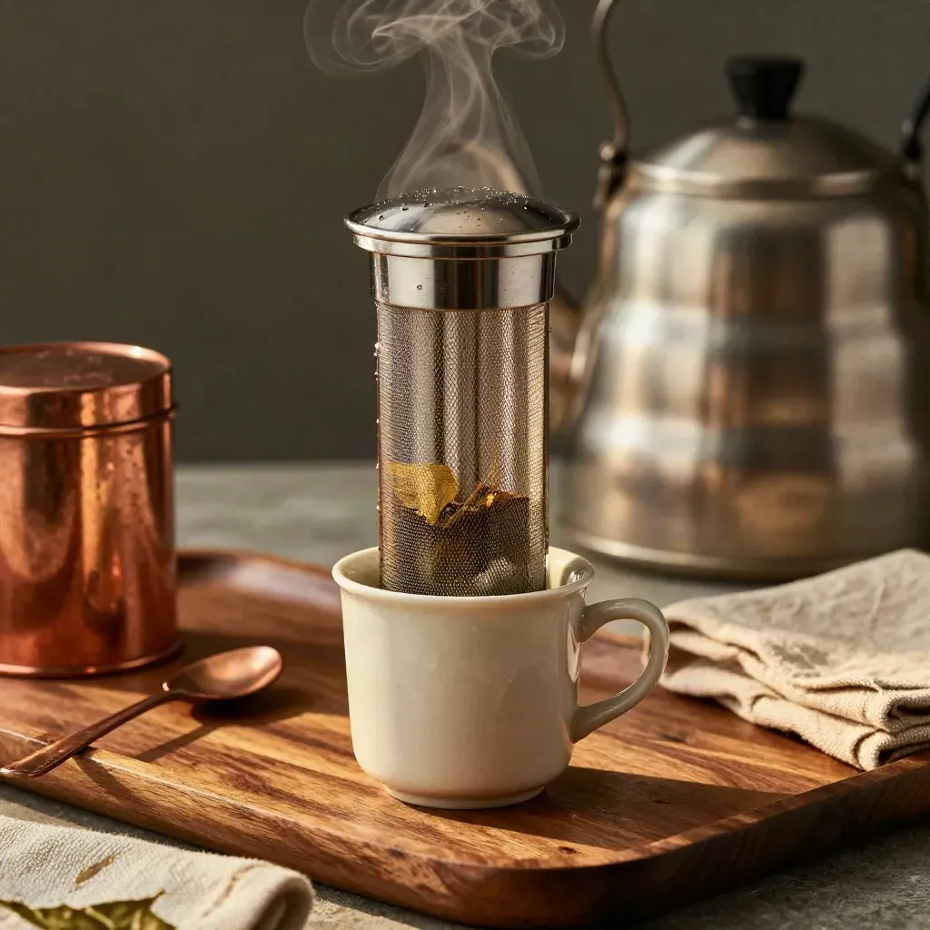 Stainless tea steeper draining over a cream cup with steam, copper accents, and warm walnut tray.