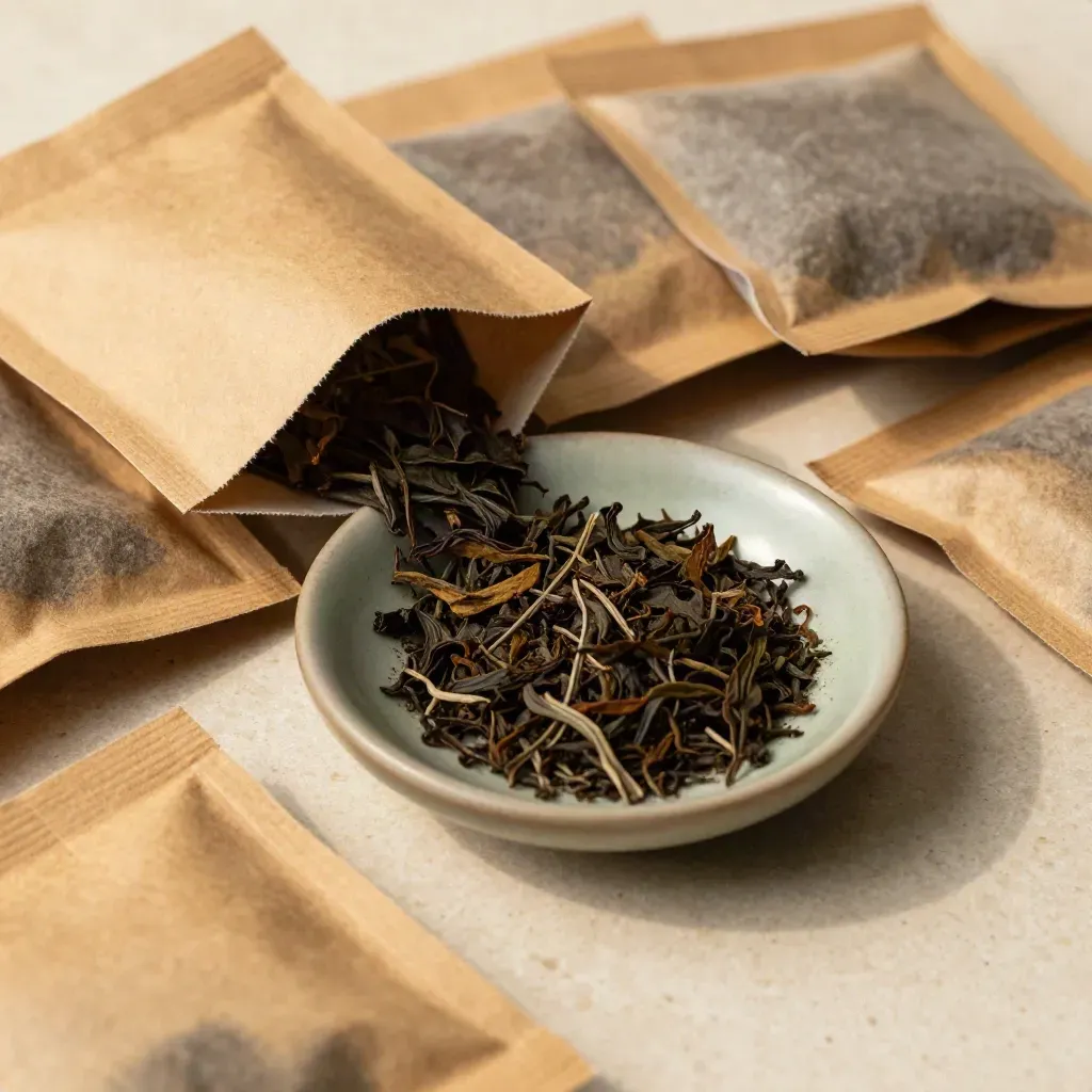 Macro overhead of tea sachets, loose leaves spilling into a bowl on pale stone.