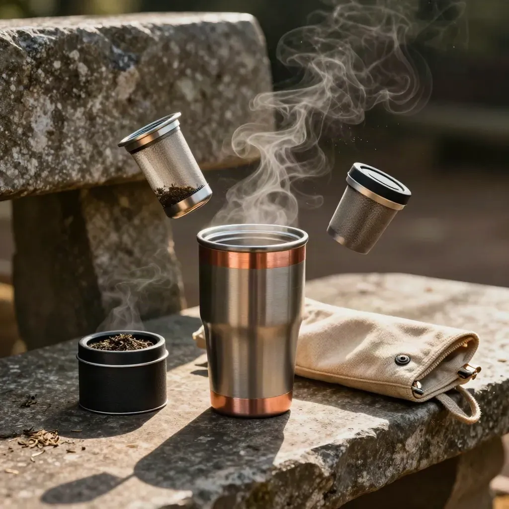 Travel mug, infuser, tea tin, and pouch burst across a stone bench with steam.