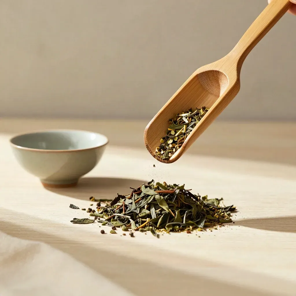 Bamboo tea scoop hovering above loose tea leaves beside a small clay bowl.
