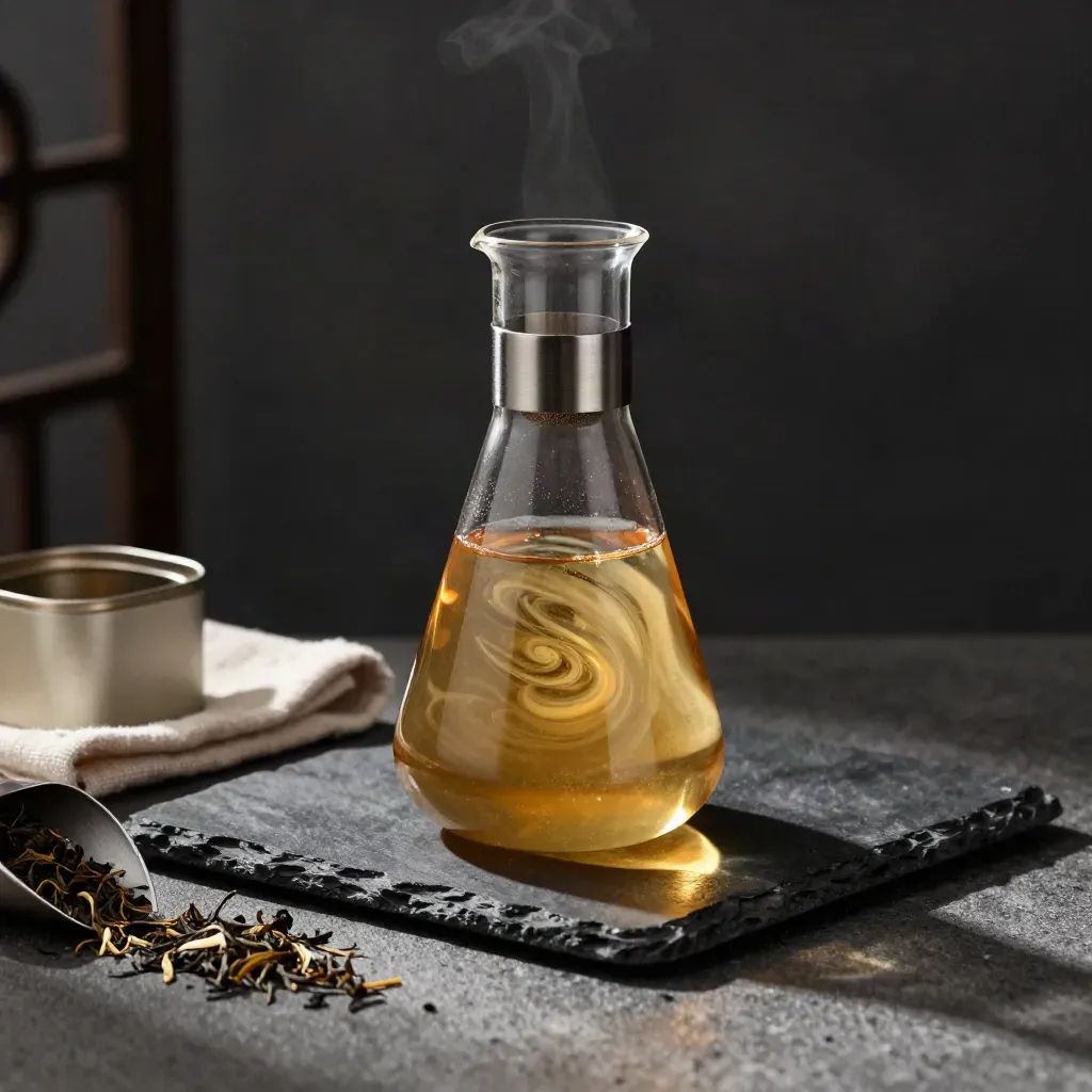 Glass brew flask with amber tea swirling in steam on dark stone, dramatic studio light.