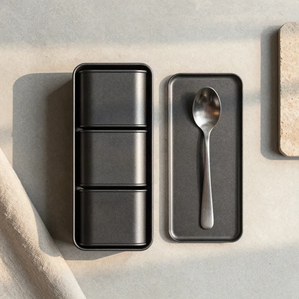 Overhead flatlay of an open charcoal tea caddy with four matte tins and a spoon on concrete.