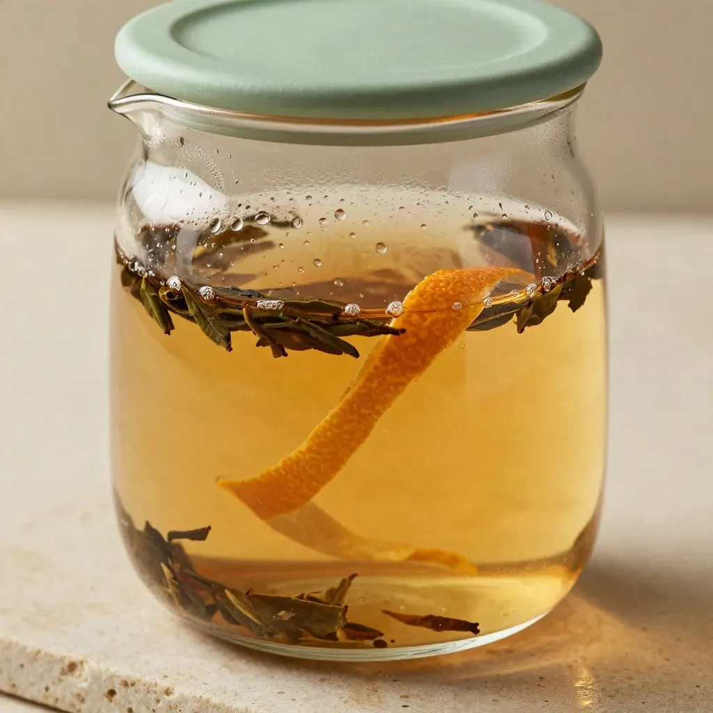 Condensed glass cold brew tea jar with citrus peel and floating tea leaves