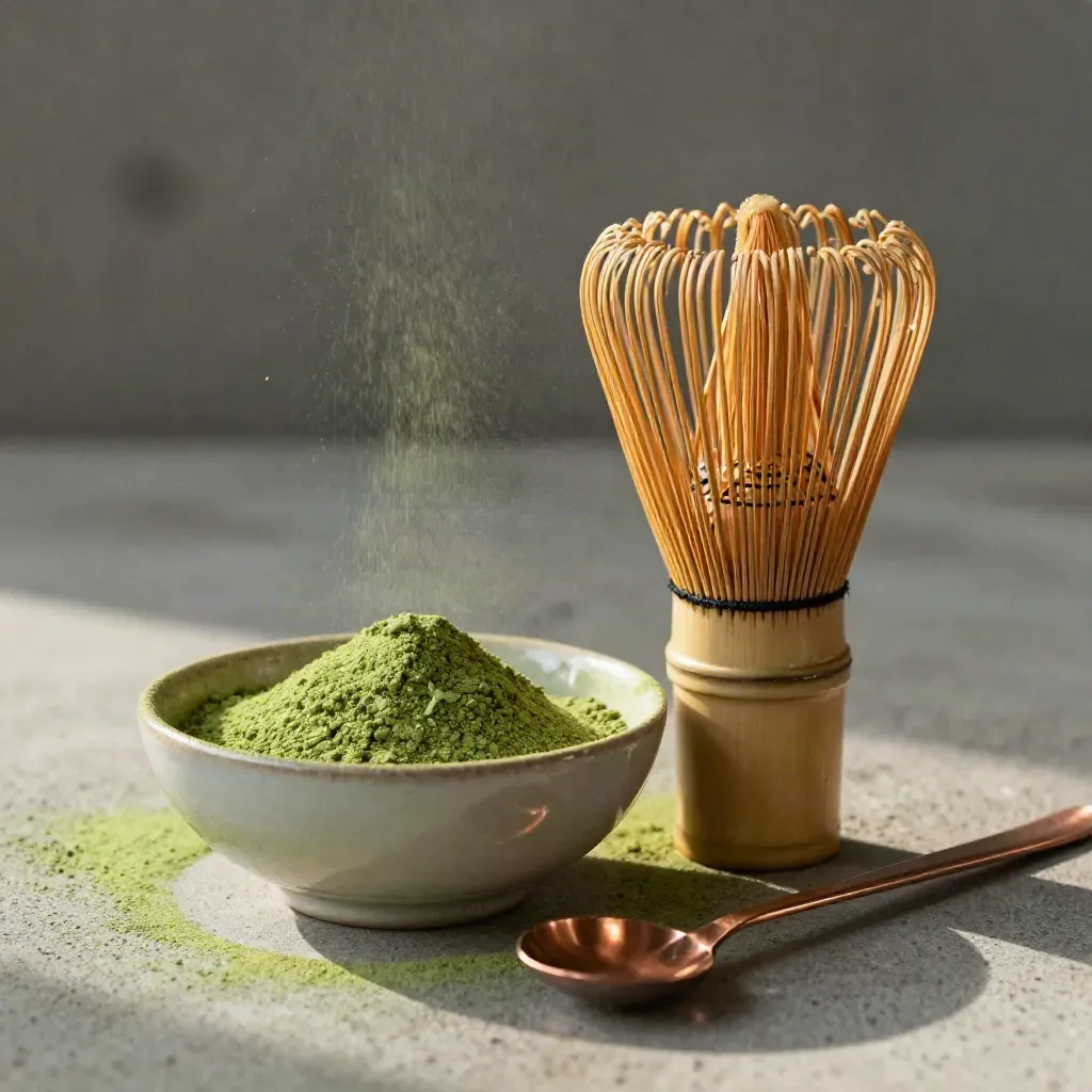 Bamboo matcha whisk beside a dusted ceramic bowl with copper accents, macro side view.