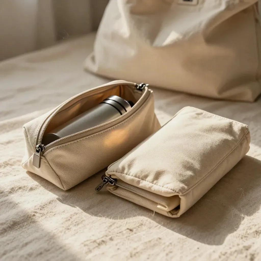 Two fabric carry pouches on linen, one open with a tumbler shape inside.